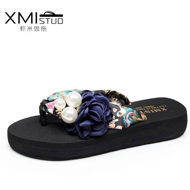 3cm High Heel Women's Beach Slippers for Women In Summer with Thick Heeled Sandals Flower Wedge Slippers  Women  house shoes