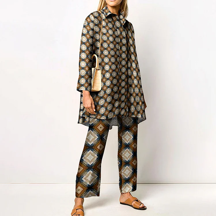 Fashion Geometric Print Long Sleeve Shirt Two Piece Set