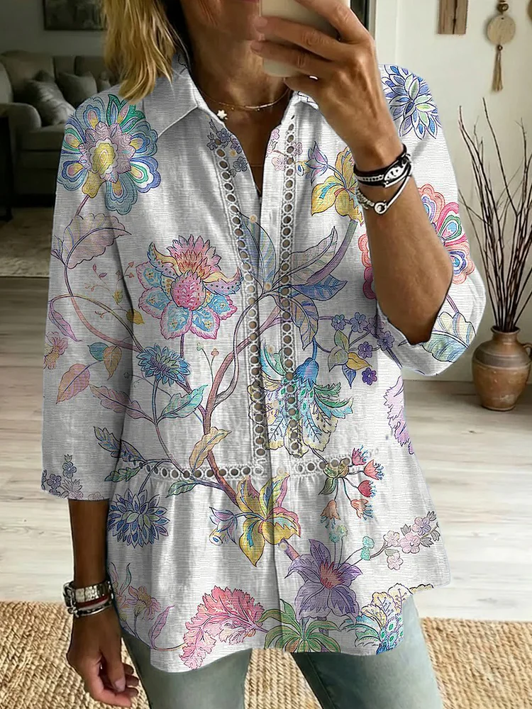 Casual Cotton-linen Shirt With Floral Art Patterns, Splicing, And Openwork Webbing Trim