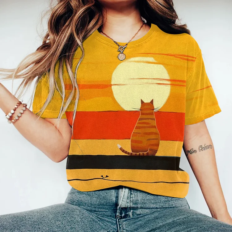 Abstract Creative Cute Cat Watching The Sunset Painting Art T-Shirt