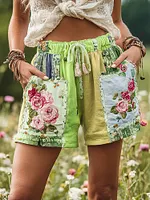Women's Patchwork Rose Floral Contrast Waist Drawstring Pocket Shorts - Image 6