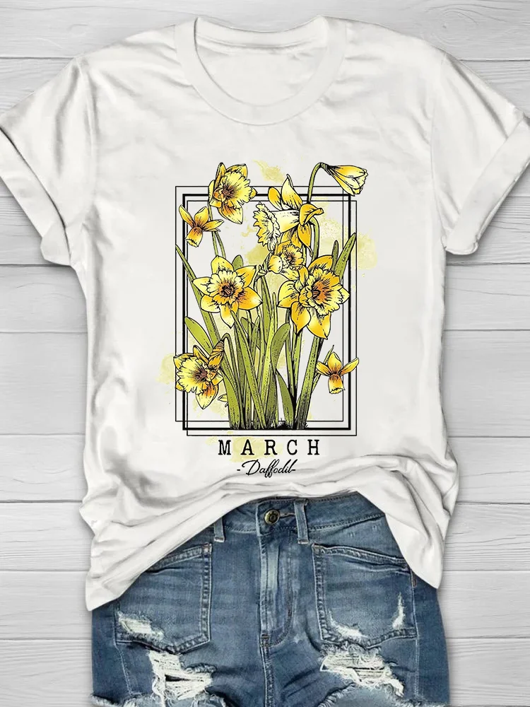 March Daffodil Printed Crew Neck Women's T-shirt