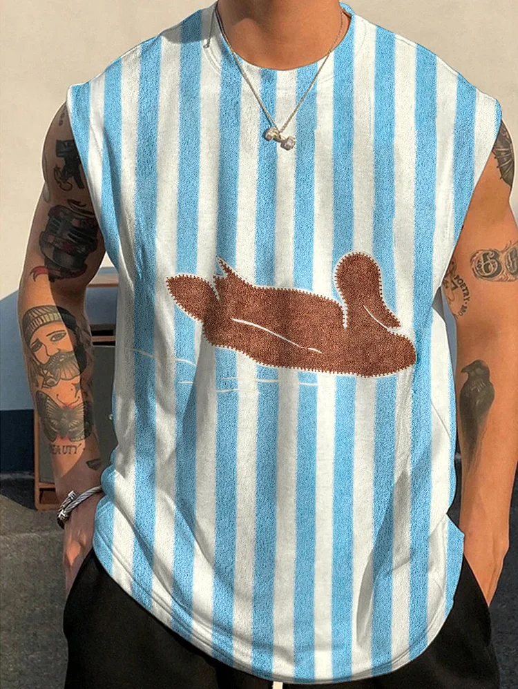 Men's Striped Abstract Duck Graphic Printed Tank Top