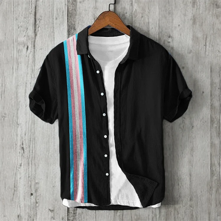 Trans Flag Stripe Short Sleeve Linen Shirt