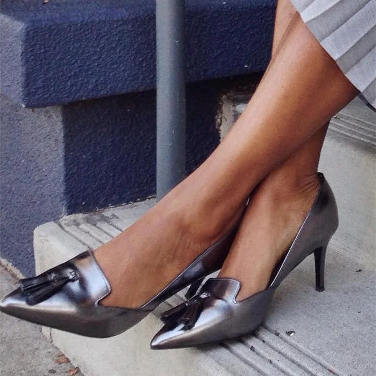 Women's Silver Grey Kitten Heels Pointy Toe pumps with Fringe |FSJ Shoes