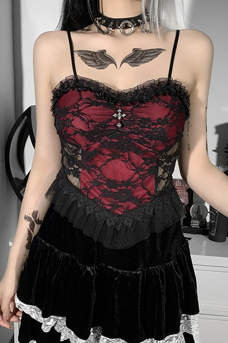 Gothic Red Party Lace Mesh Cami Cross Decoration Zipper Blouse