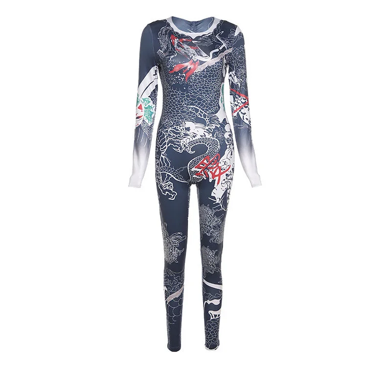 Autumn Retro Chinese Style Printed High Waist Tight Sports Jumpsuit