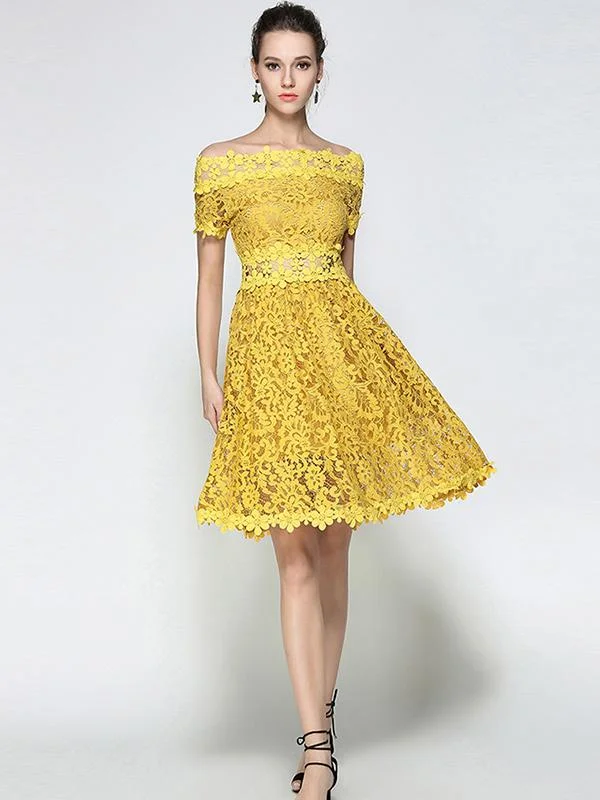 One-line collar mid-length lace all-match A-line skirt