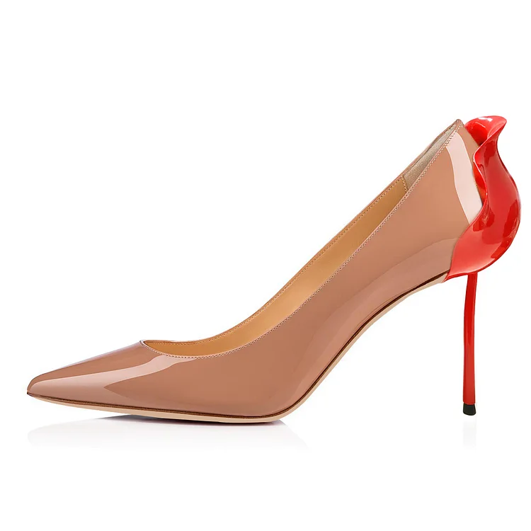 Nude and Red Patent Leather Curvy Stiletto Heels Pumps |FSJ Shoes