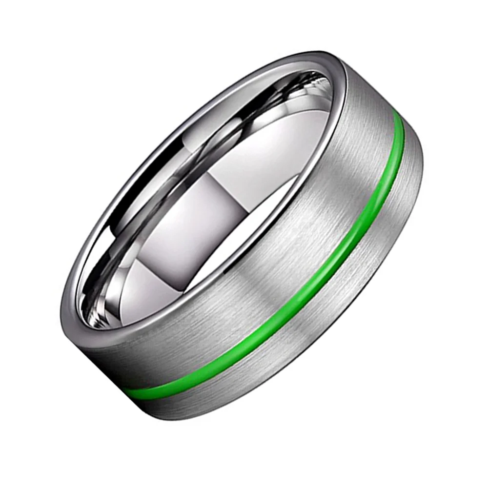 4MM 6MM 8MM Thin Green Grooved Brushed Finish Gray Tungsten Carbide Mens Rings