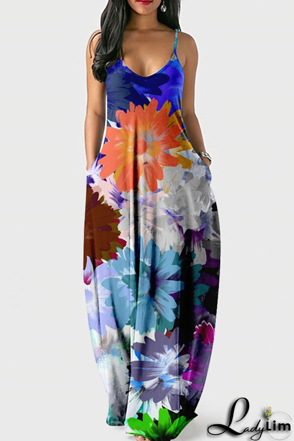 Blue Casual Sweet Print Patchwork Spaghetti Strap Sling Dress Dresses