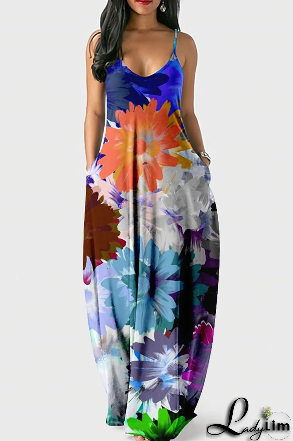 Blue Casual Sweet Print Patchwork Spaghetti Strap Sling Dress Dresses
