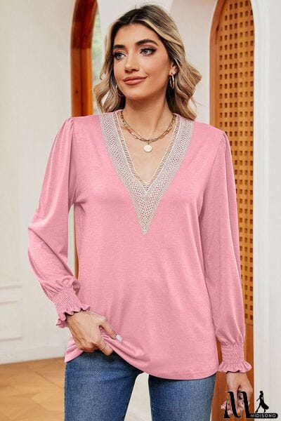 MidiSono - Lace Detail V-Neck Lantern Sleeve T-Shirt