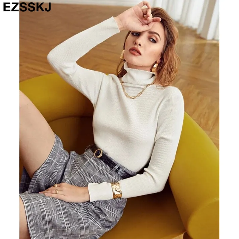 Pile collar Loose soft pure color turtleneck Sweater Pullovers for Women Casual Long Sleeve Sweater Jumpers Female top