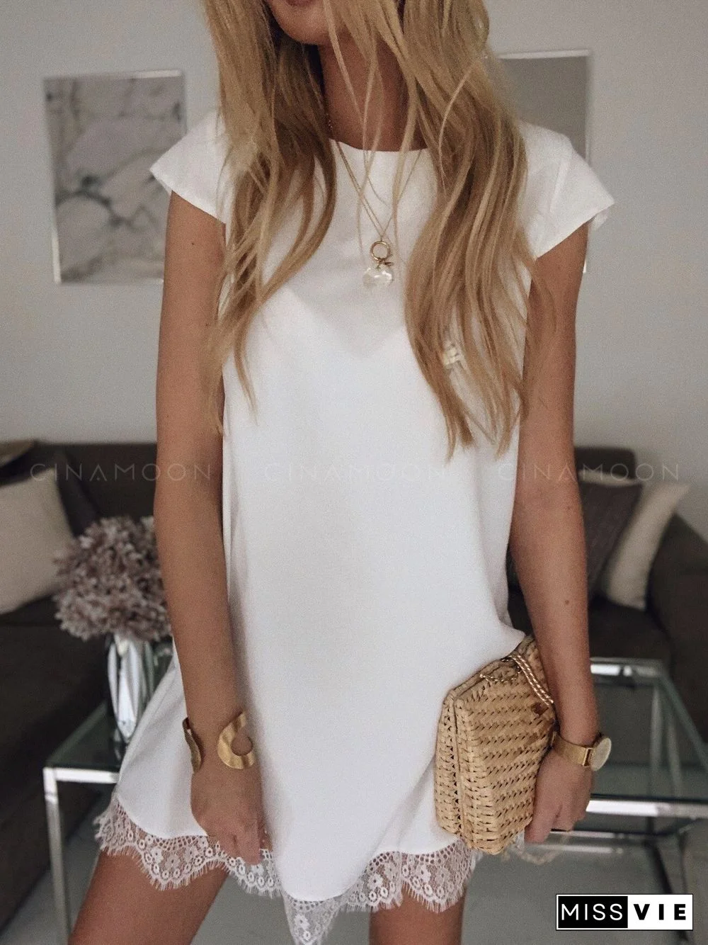 Summer Short Sleeve Loose Round Neck Solid Color Hem Lace Polo Shirt Women White Shirt Women Blusas Mujer