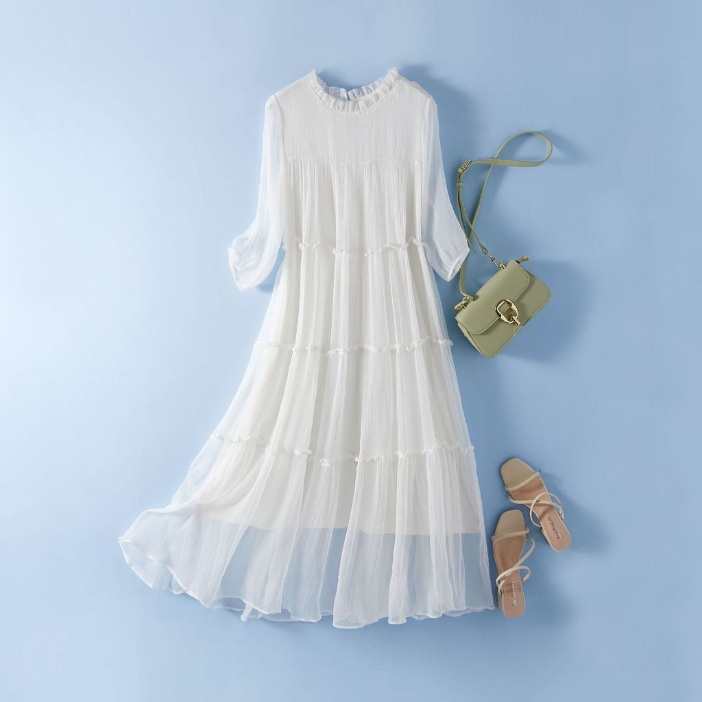 Women's 100% Mulberry Silk Midi Dress For Summer Travel REAL SILK LIFE