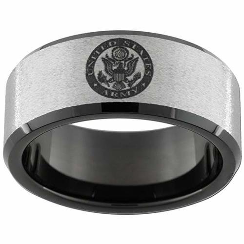 Women's Or Men's U.S. Army Tungsten Carbide Wedding Band Rings,Military Wedding ring bands. Silver with Black Edges and Laser Etched United States Army Logo Ring With Mens And Womens For Width 4MM 6MM 8MM 10MM