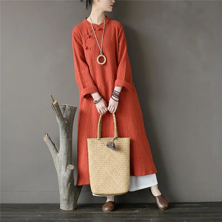 Elegant stand collar cotton spring tunic Tops orange jacquard Art Dresses