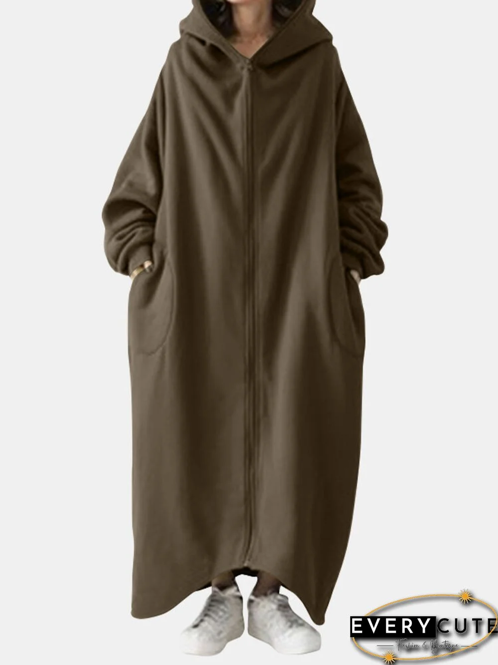 Solid Color Plain Zipper Pocket Long Sleeve Casual Hooded Coat for Women