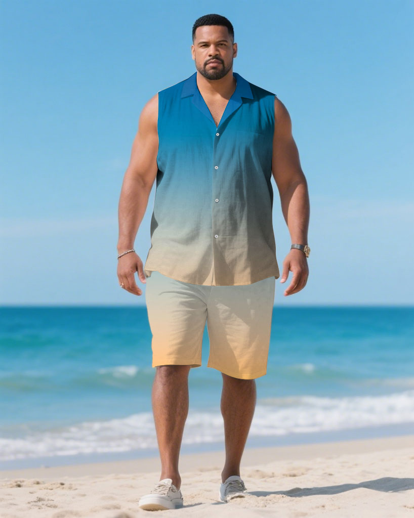 Hawaiian Men's Plus Size-Blue & White & Yellow Gradient Sleeveless Vest Shirt Shorts Suit