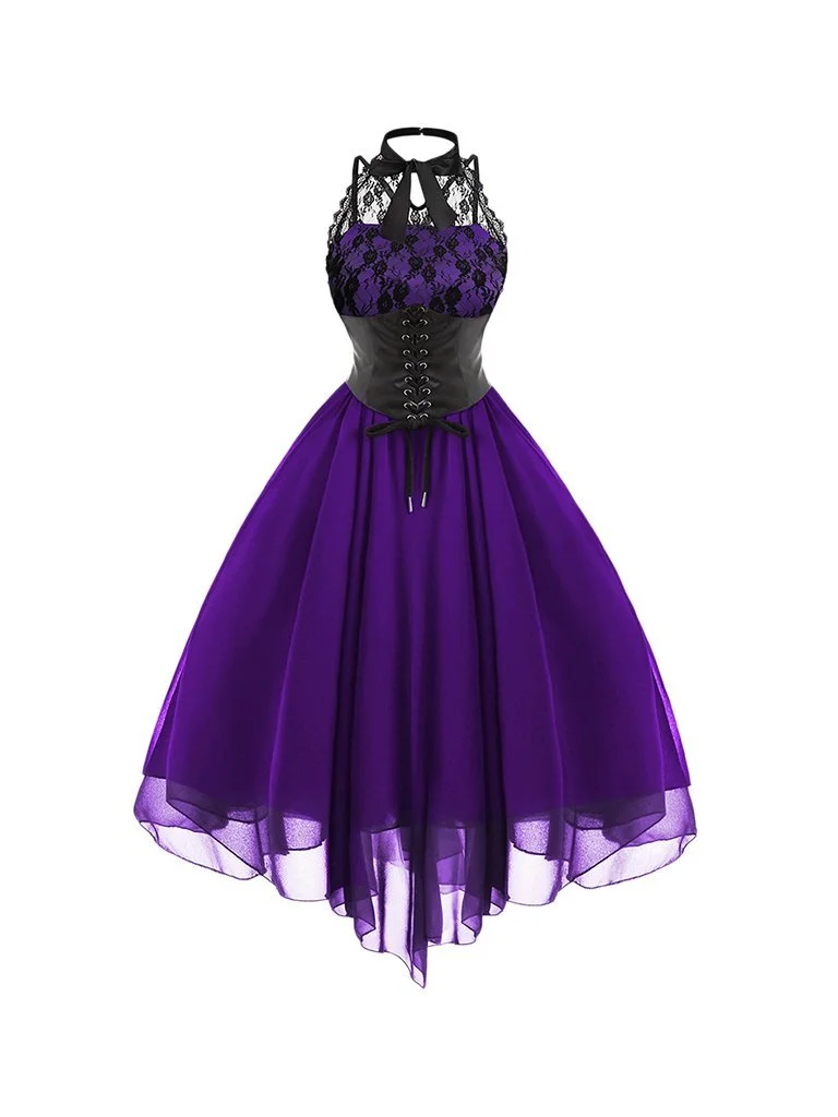 Halloween Costume Gothic Bow Sleeveless Cross Back Lace Panel Corset Swing Dress