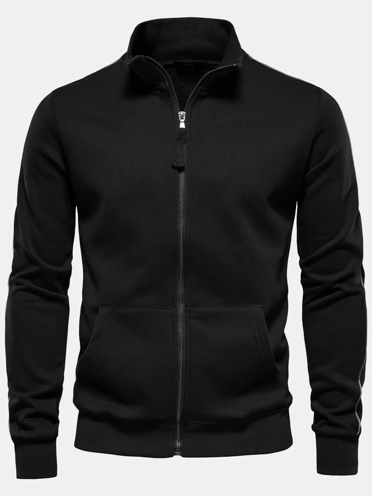 Men's Casual Stand Collar Zipper Long Sleeve Color Block Pocket Cardigan Sweater Jacket Coat