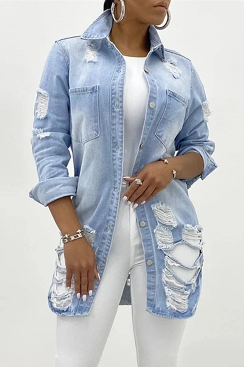 Light Blue Turndown Collar Solid Hole Old washing The cowboy Pure Long Sleeve Outerwear | EGEMISS