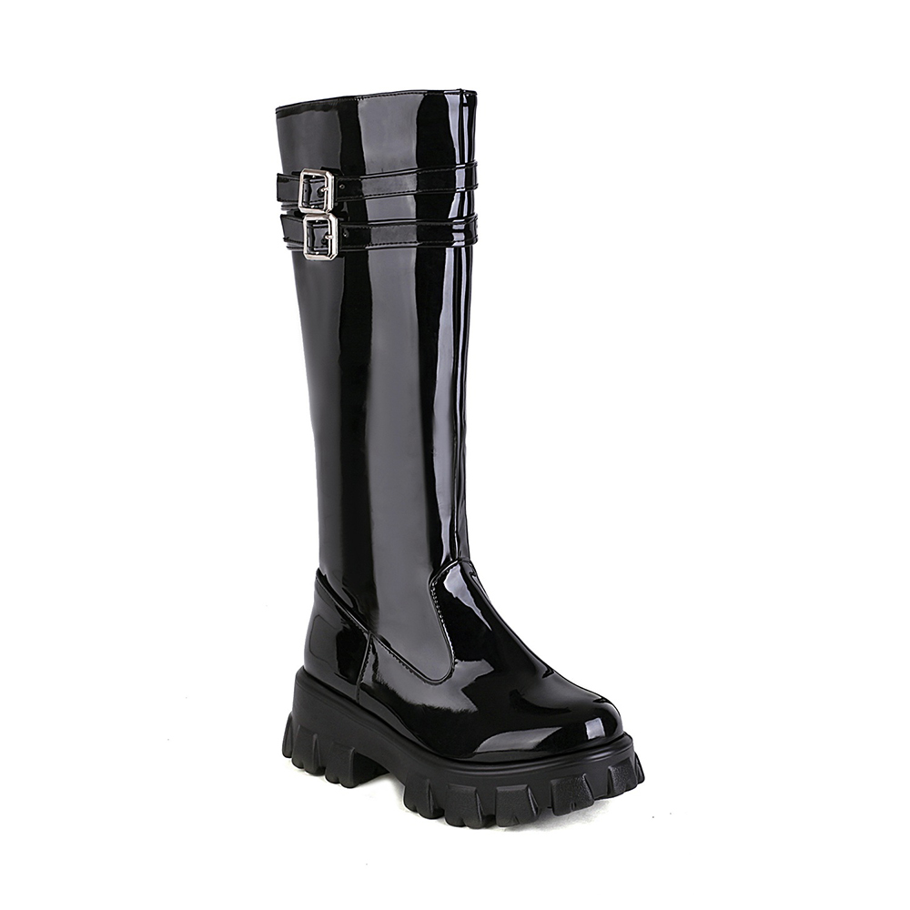 GOOSHOE Double-Breasted Shiny Patent Leather Knee-Length Boots Flat-Bottomed Platform With Plush Lining Long Boots