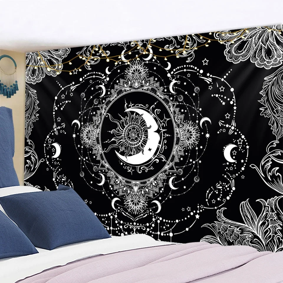 Tarot Card Mandala Tapestry White Black Sun And Moon Tapestry Wall Hanging Hippie Wall Rugs Dorm Decor Blanket