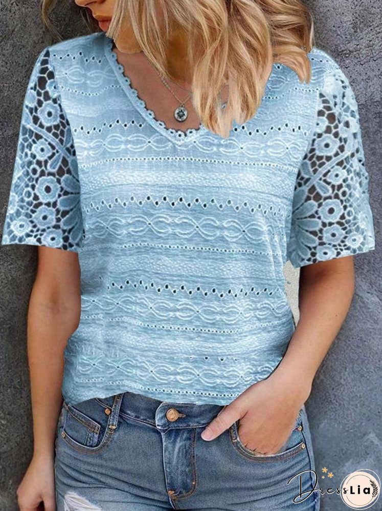 V-neck Lace Patchwork Hollow out Blouse