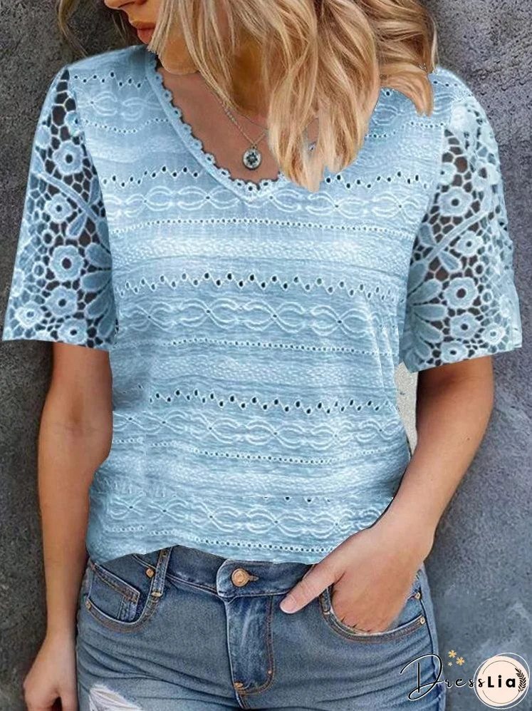 V-neck Lace Patchwork Hollow out Blouse