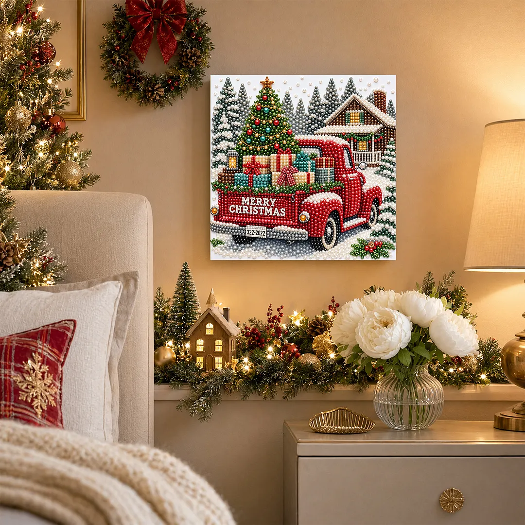 Framed Pearl Painting Kit Christmas Red Pickup Truck 20x20cm