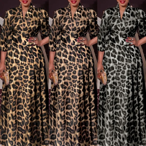 Women Leopard Print Long Dress Long Sleeve V Neck Evening Party Elegant Casual Pleated Maxi Dress Plus Size