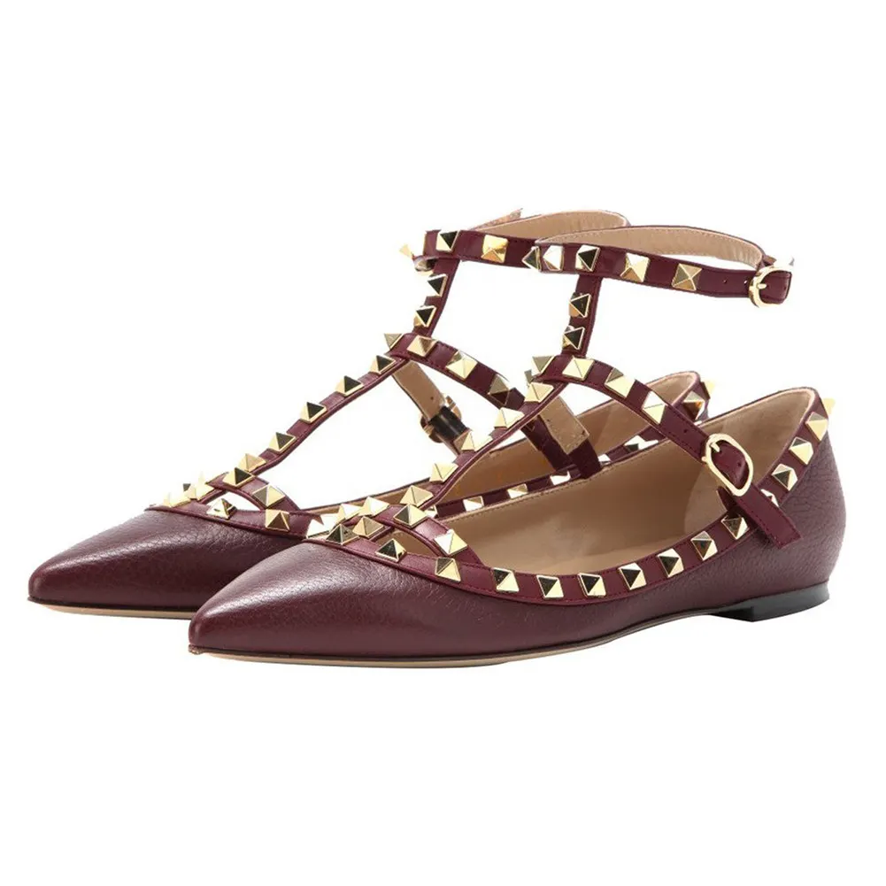 Women's Flats Rivets Rockstud Daily Pointed Toe Ballet Wine Lichee Pattern Shoes-vocosishoes