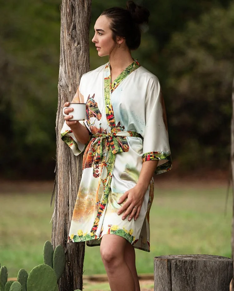 Vintage Cowgirl Horse Long Sleeve Belted Satin Robe