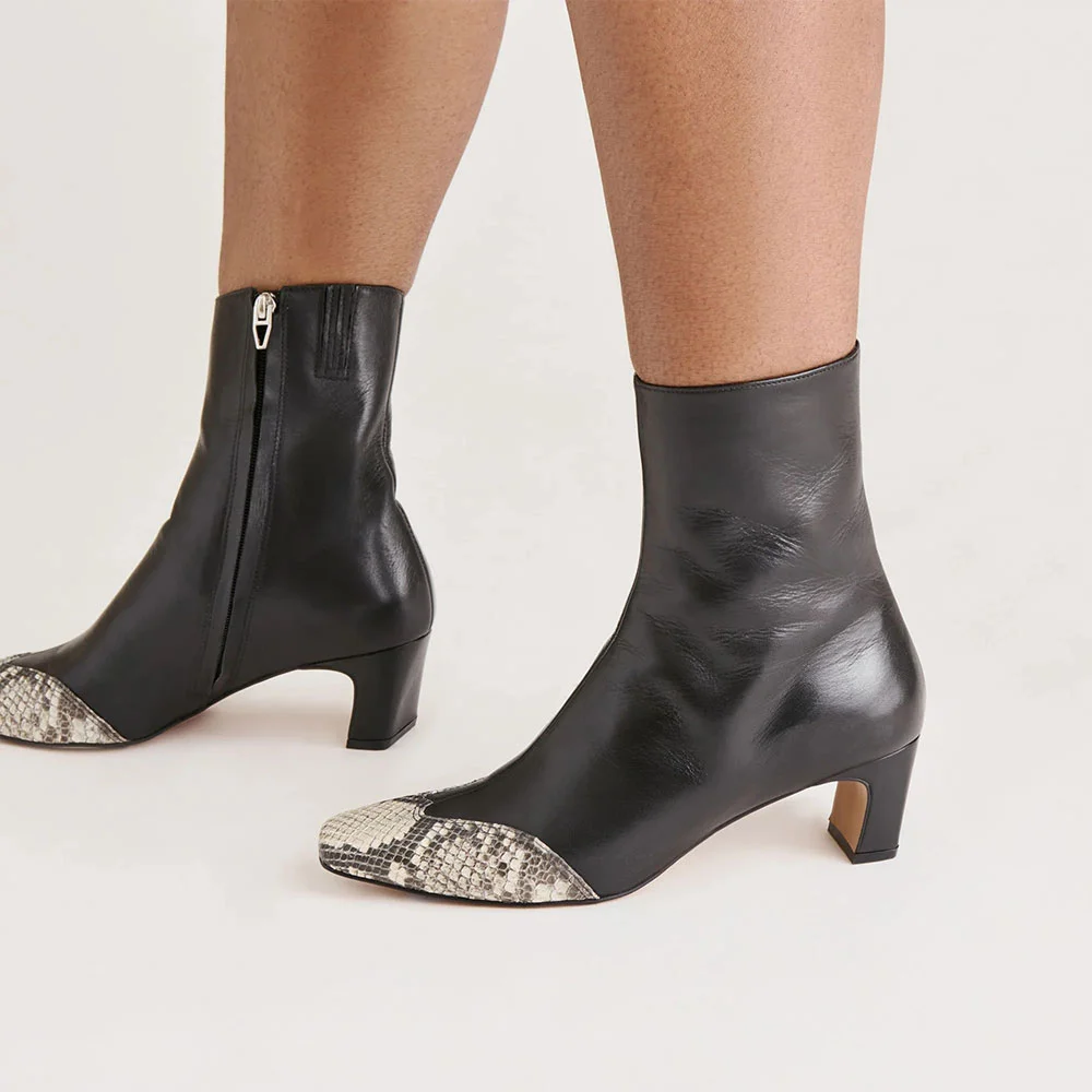 Black Snakeskin Pattern Closed Toe Chunky Heel Ankle Boots with Zipper
