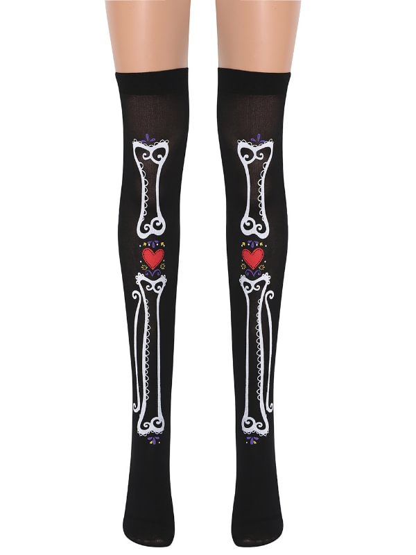Statement Skull Printed Heart Pattern Color Block Stockings