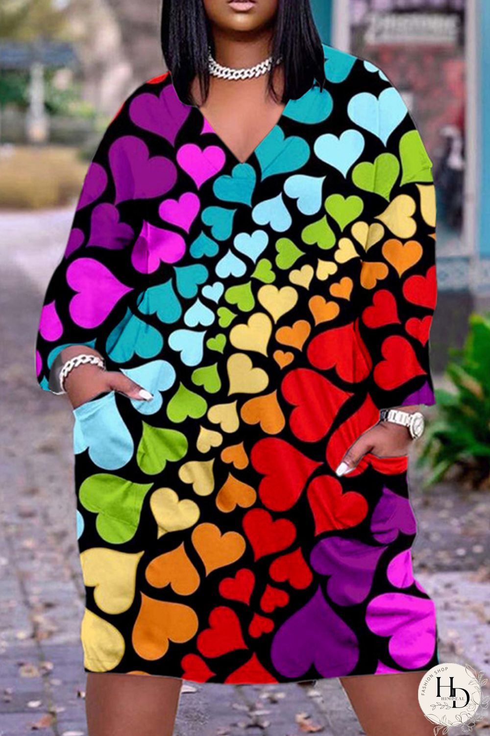 Deep Pink Casual Print Basic V Neck Long Sleeve Dresses