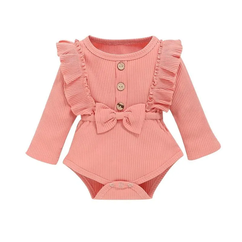 Toddler&rsquo;s Spring Autumn Clothes Solid Color Ruffle Long Sleeves Ribbed Rompers with Bowknot for Baby Girl  0-18 Months