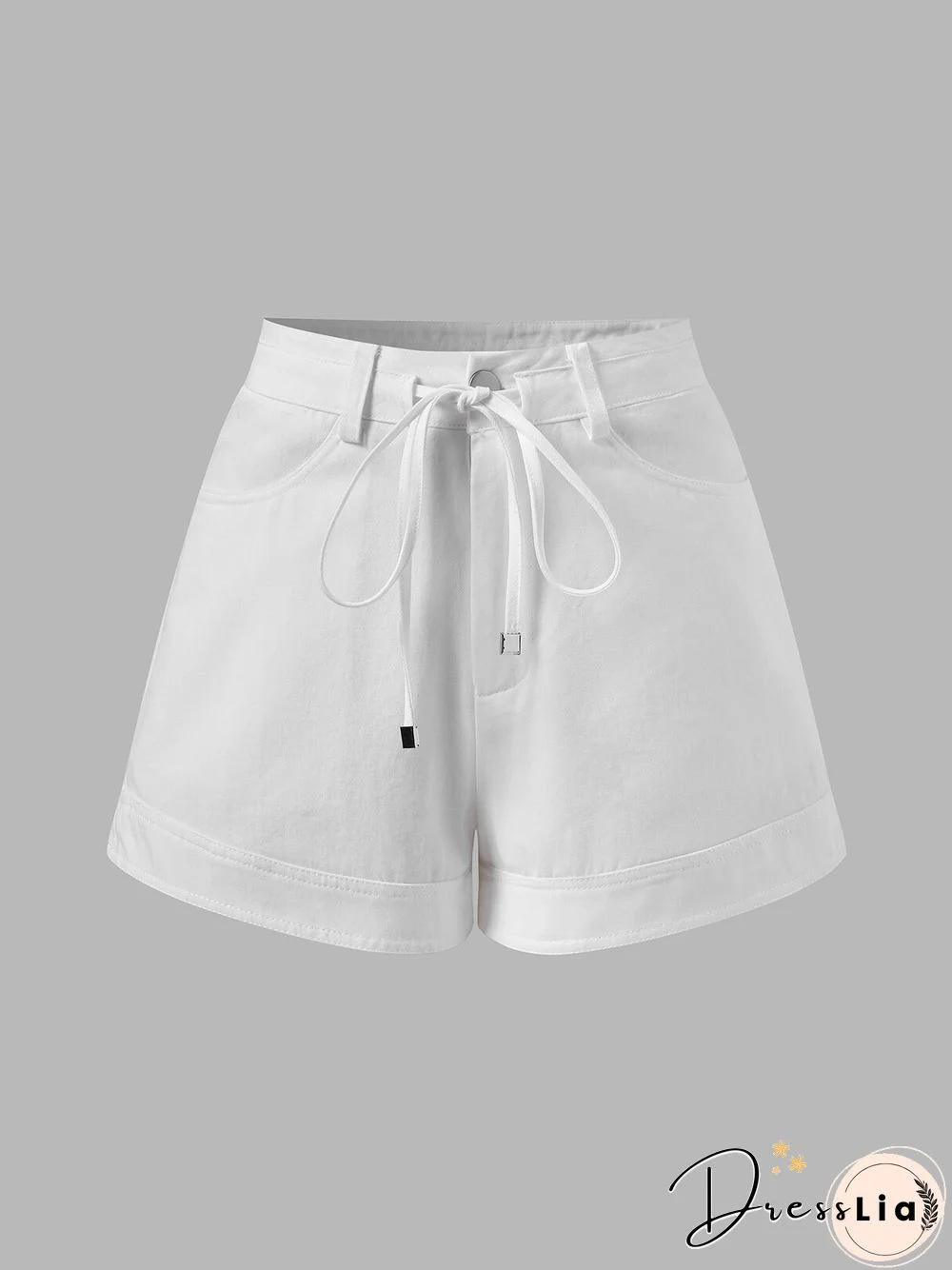 Solid Drawstring Waist Pocket Shorts For Women