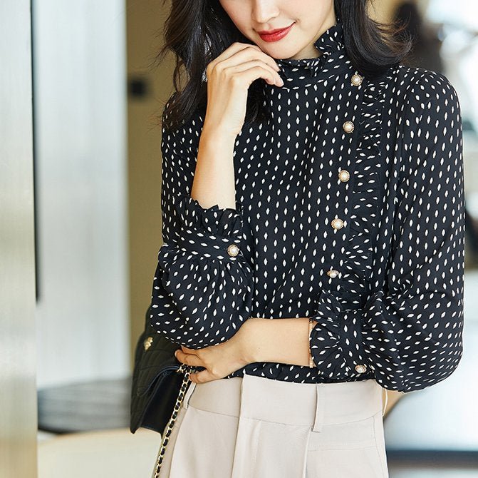 Black Shift Long Sleeve Polka Dots Shirts & Tops QueenFunky
