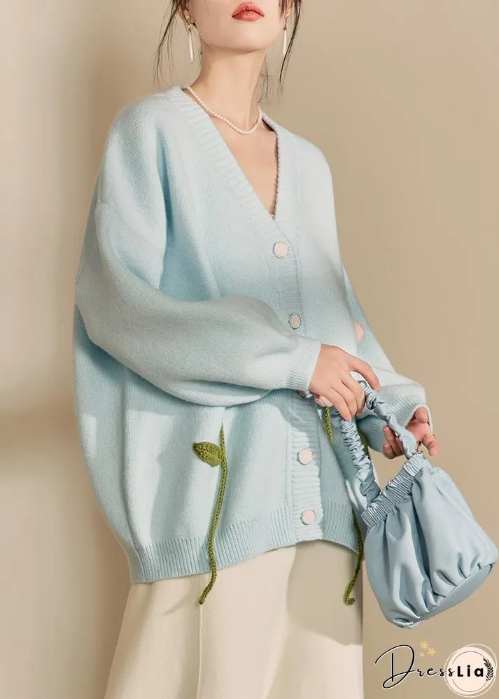 Loose Blue V Neck Button Patchwork Knit Cardigan Spring