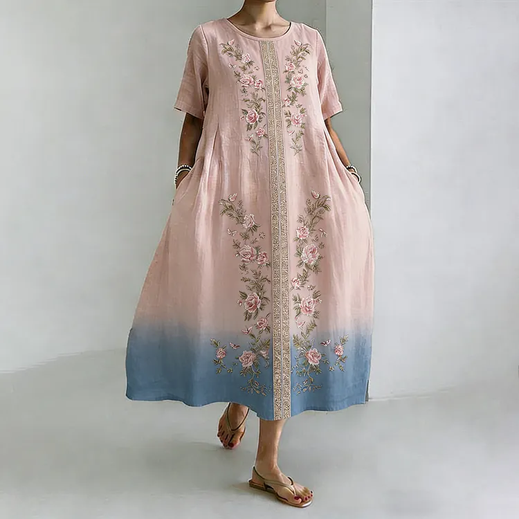 Women's Roses Art Print Flowy Linen Blend Casual Short Sleeve Dress