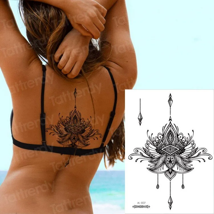 Waterproof Temporary Sticker Geometric dragonfly Sternum Tattoo Black Triangle Tattoos Body Arm Fake Tatoo Chains Sternal patch