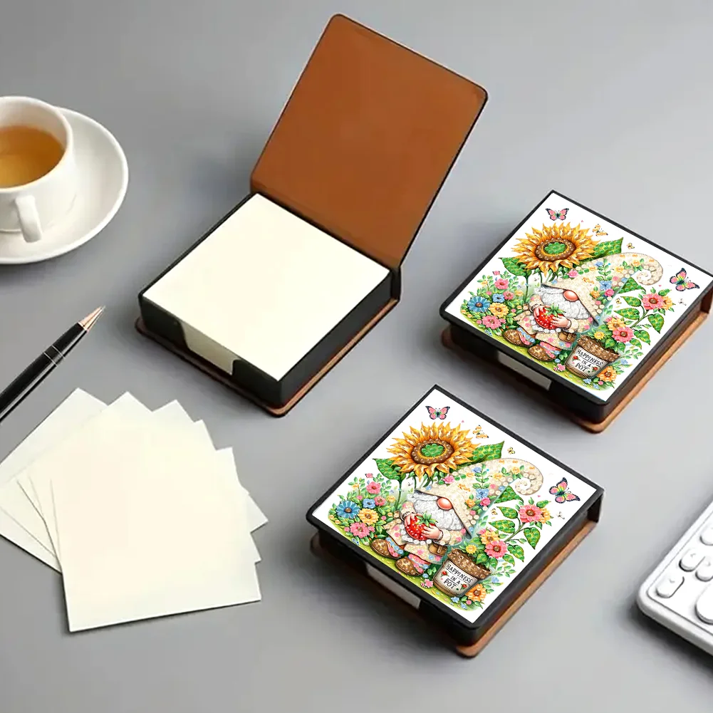 DIY Flower Gnome Leather Diamond Art Note Box with 160 Sheets of Paper for Beginners