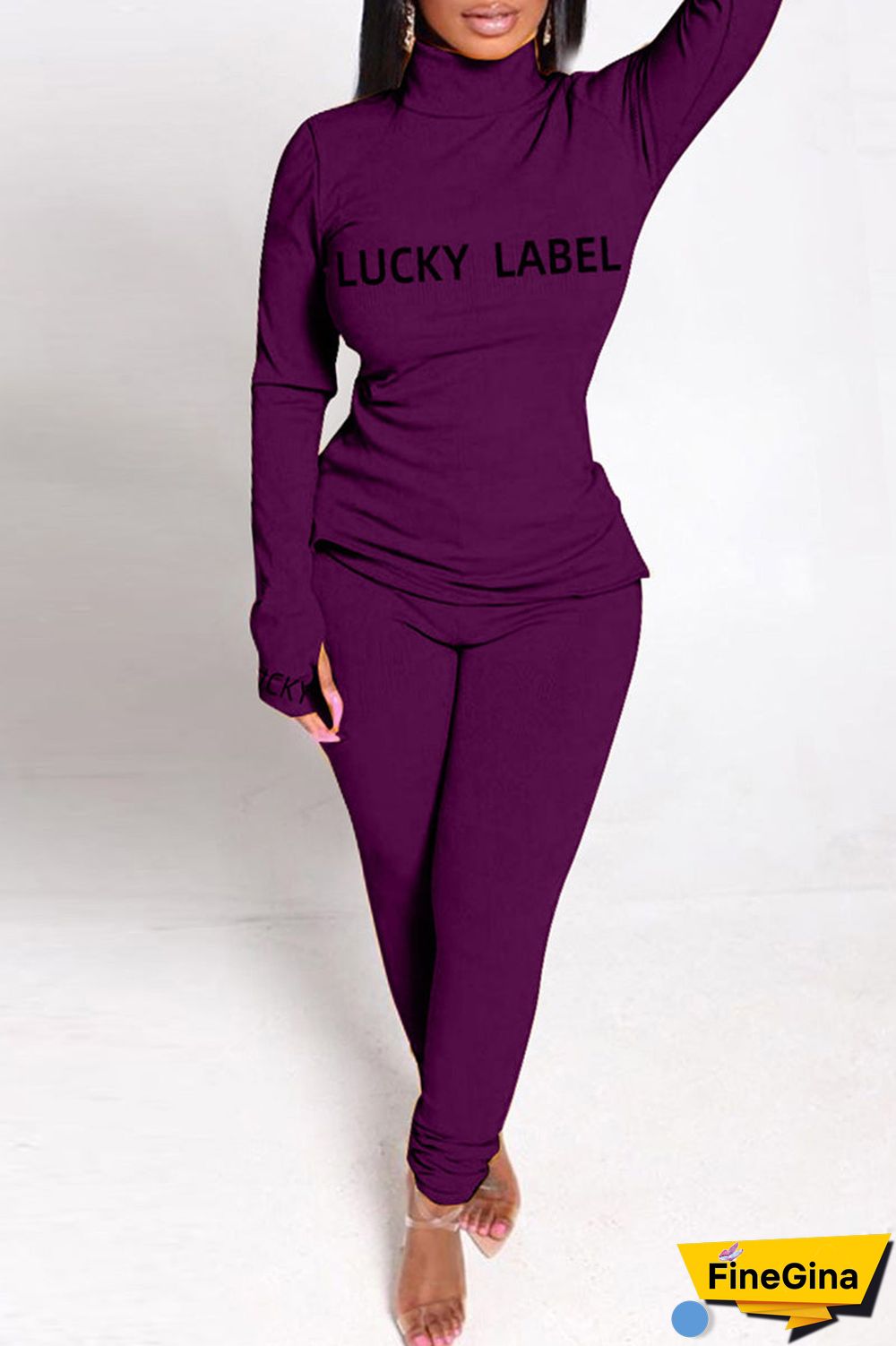 Fashion Casual Letter Print Basic Turtleneck Long Sleeve Two Pieces