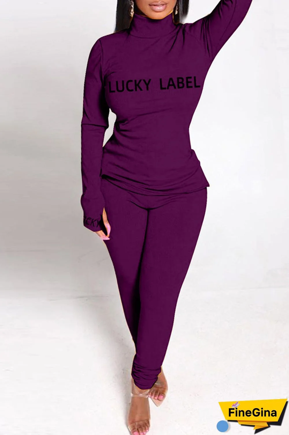 Fashion Casual Letter Print Basic Turtleneck Long Sleeve Two Pieces