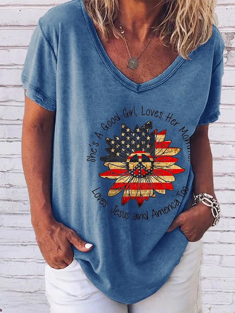 Bestdealfriday She's A Good Girl Loves Her Mamma Loves Jesus And America Too Graphic Loose V Neck Tee