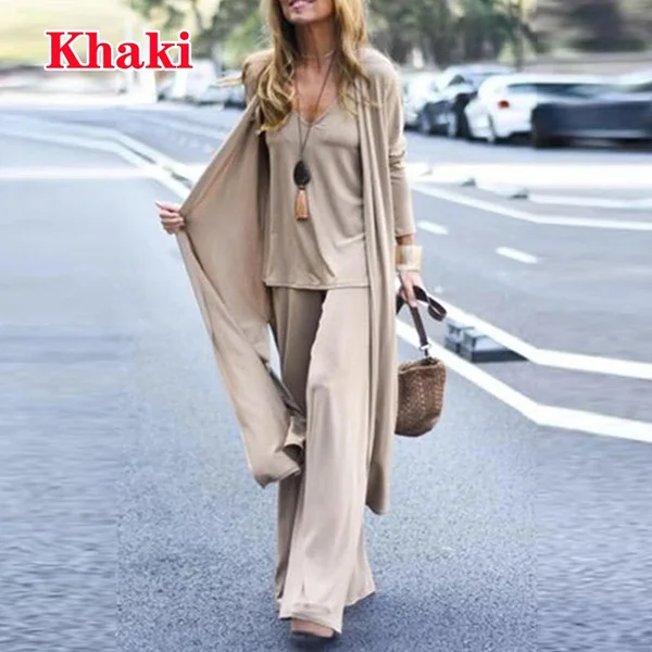 New Vintage Elegant Office Women Three Piece Set Autumn Women V Neck Cardigan And Long Pants Suit Autumn Lady Casual Loose Outfits