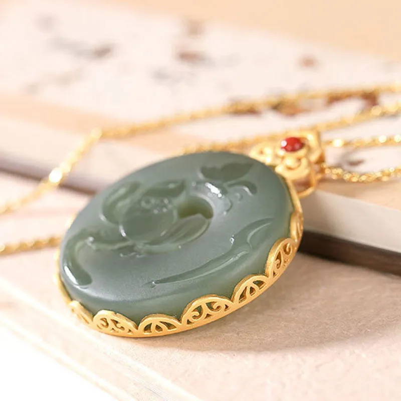 Cyan Jade Lotus 925 Sterling Silver Round Butterfly Luck Necklace Pendant